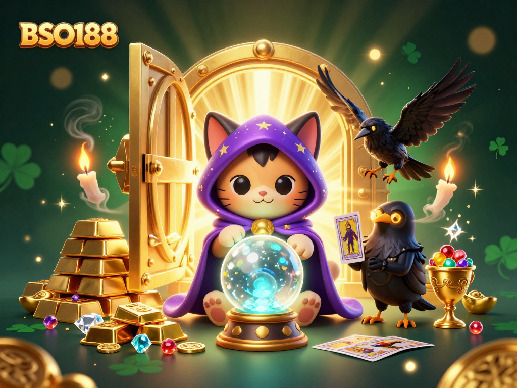 Experience the magic of BSO188 with a vibrant illustration capturing fortune and success in a mystical casino.