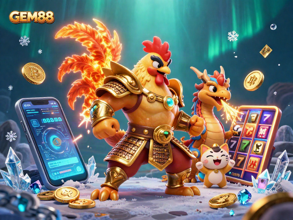 Join GEM88's exciting slots adventure with a roaring dragon and a legendary rooster!
