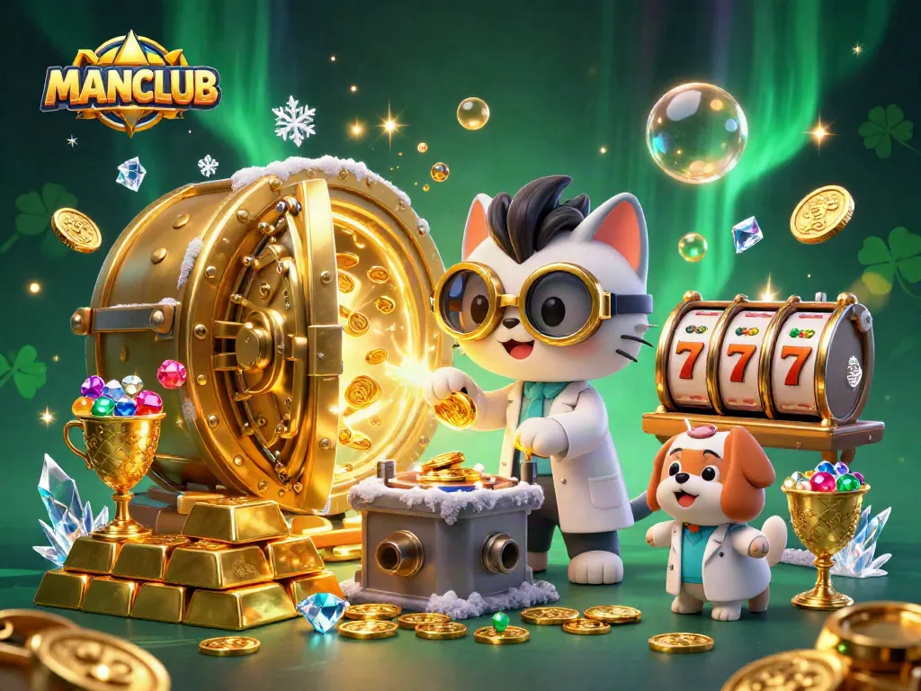 MANCLUB showcases a vibrant 3D illustration featuring a mad scientist cat and dog amidst dynamic gambling elements, emphasizing excitement.