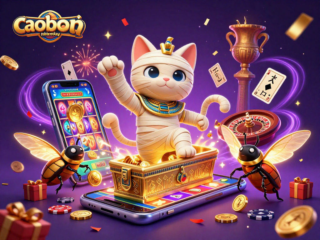 Experience caoboimientay with a lively 3D illustration of Egyptian characters in a casino setting.