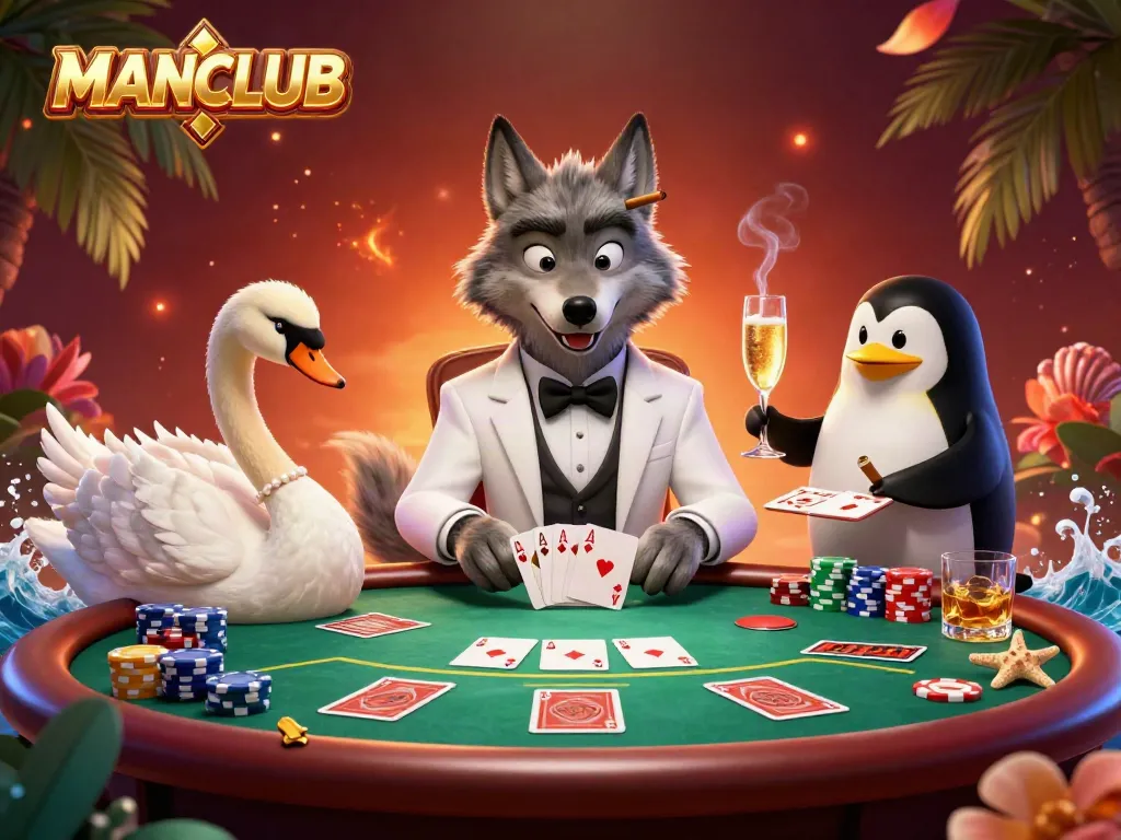 Engage with MANCLUB's vibrant baccarat scene featuring a debonair wolf, elegant swan, and sophisticated penguin in a dynamic casino environment.