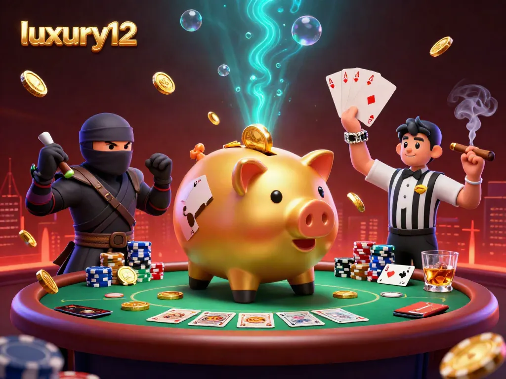 Witness the action packed scene of luxury12 with a piggy bank sumo wrestler, colorful poker chips, and dramatic lighting.