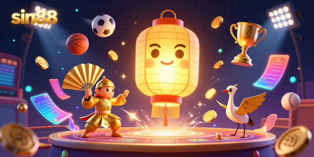 Engage with sin88's immersive casino atmosphere showcasing a glowing lantern spirit, paper fan warriors, and dynamic sports elements.