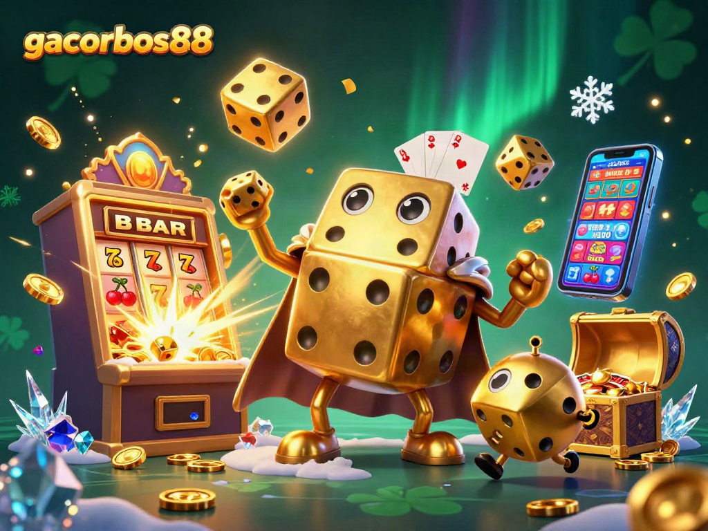 Engage with the excitement of gacorbos88 as golden dice and a slot machine explode with amazing wins!