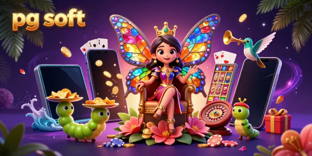 Experience the magic of pg soft with a vibrant 3D cartoon scene showcasing an enchanting butterfly queen and gaming elements.