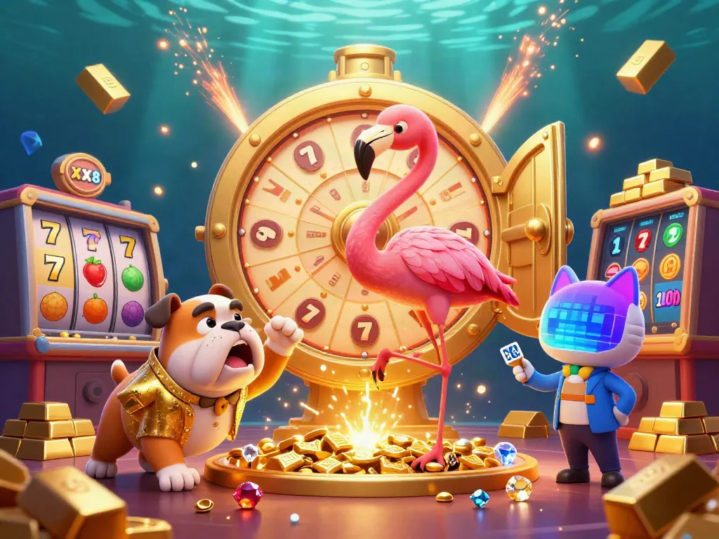 Spin the XX8 prize wheel with a flamingo game show host and a bulldog contestant in a vibrant casino scene.