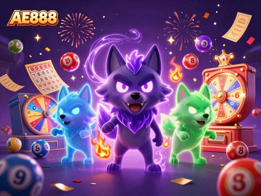 Play AE888 casino games with vibrant energy and ghostly wolf mascots in a dynamic scene.