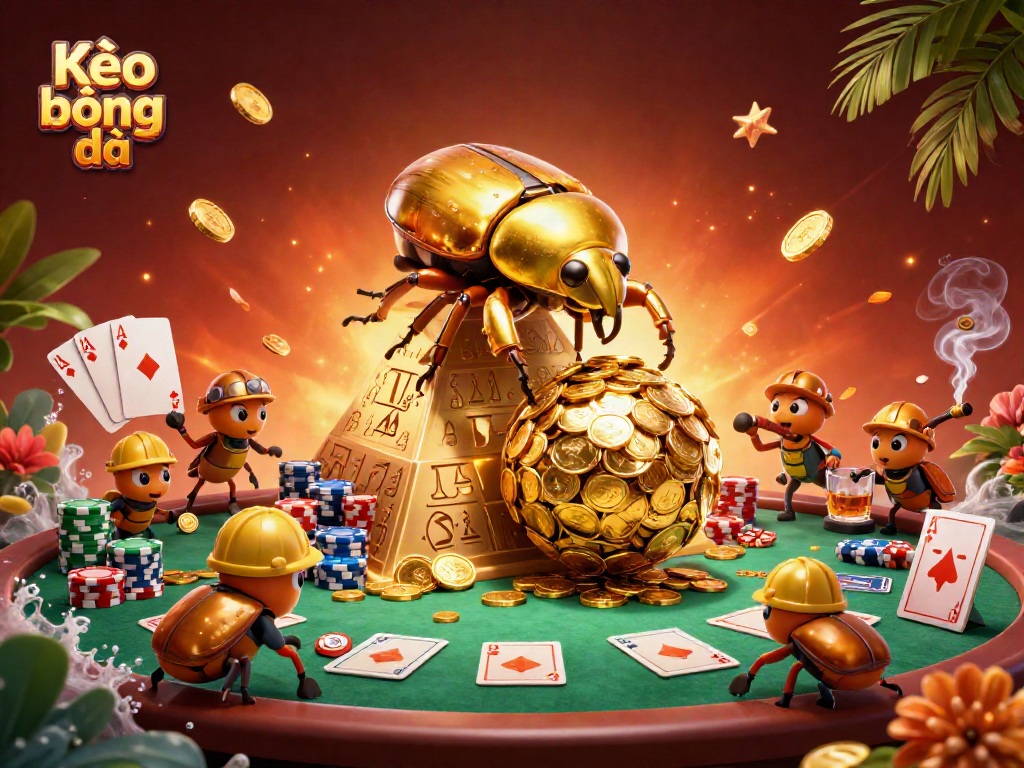 Engage in Kèo bóng đá with a vibrant 3D illustration of golden beetles and casino elements.