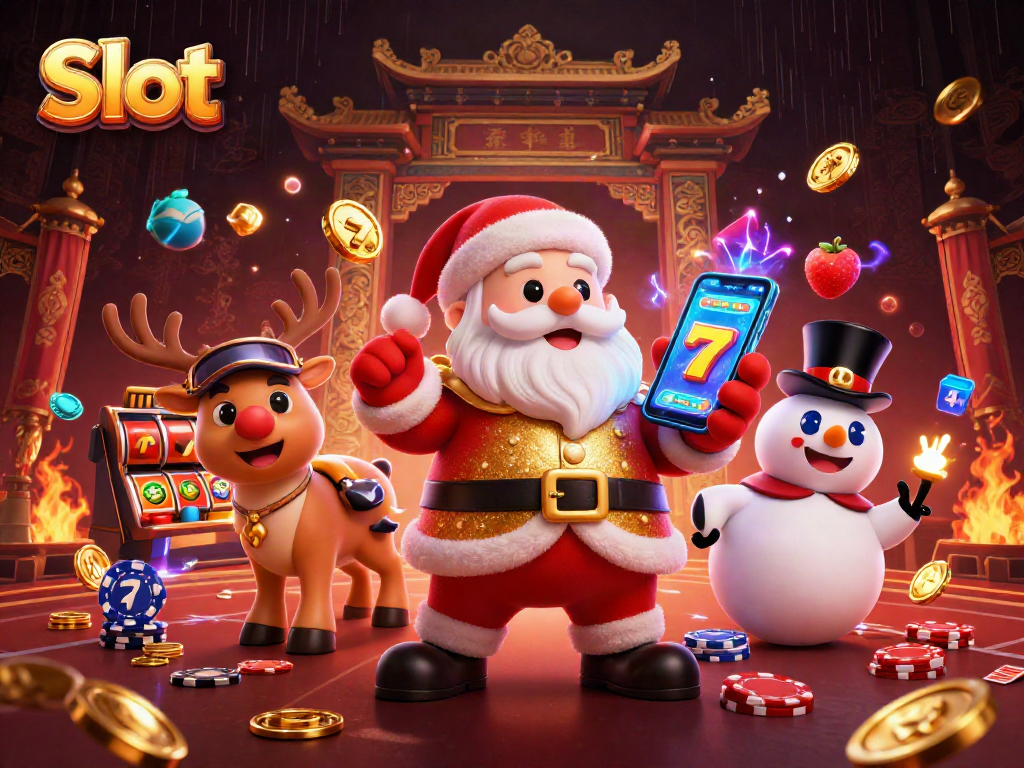 Engage with Slot excitement featuring Santa and friends in a vibrant casino scene.