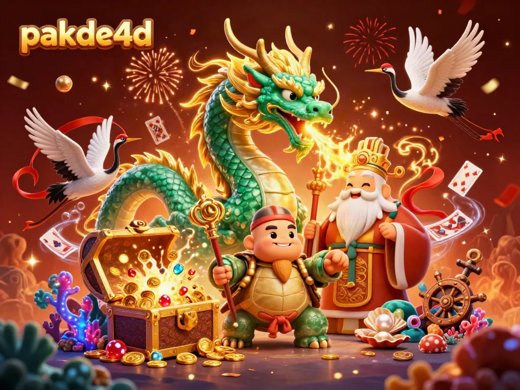 Engage with pakde4d's vibrant gambling world featuring a majestic dragon, wise turtle, and lucky cranes.