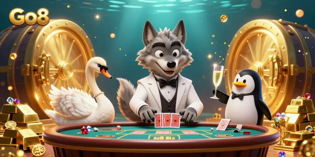 Experience the excitement at Go8 with a wolf, swan, and penguin captivating the baccarat table.