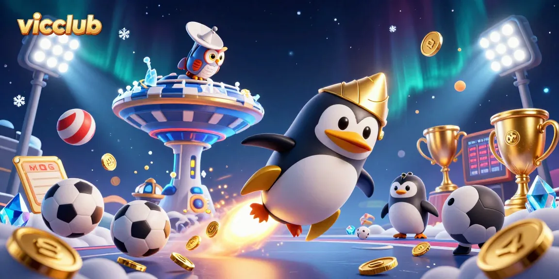 Vicclub's rocket-powered penguin delivers thrilling casino excitement in a vibrant cosmic scene.