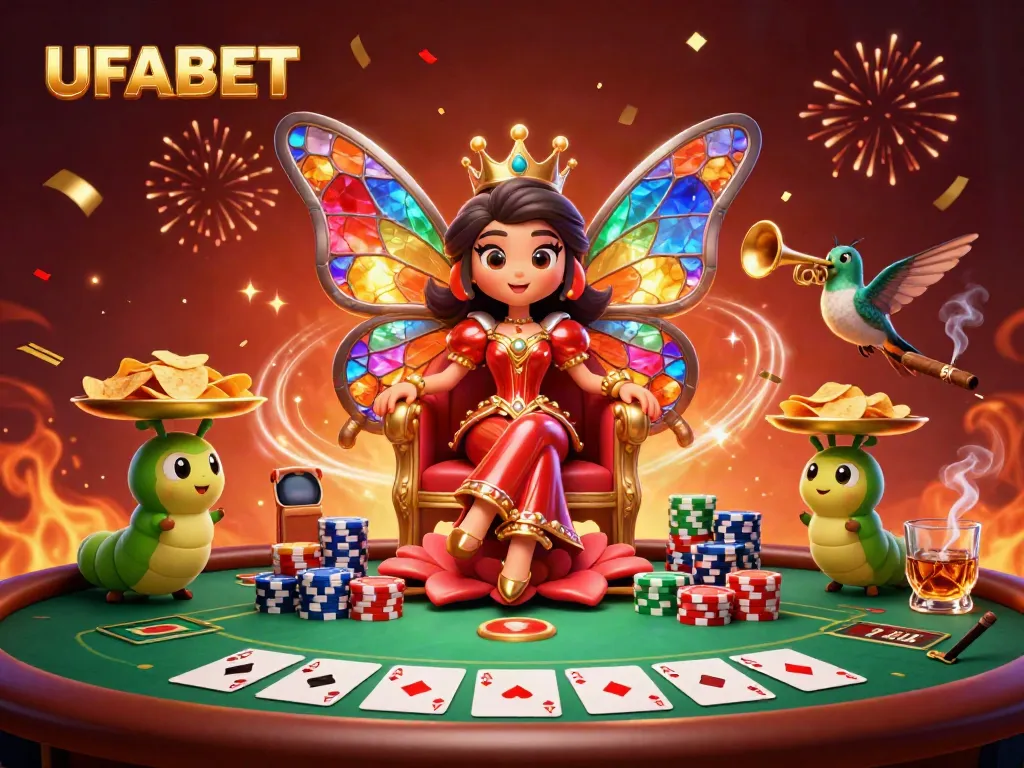 UFABET online gaming illustration featuring a butterfly queen and poker elements in a vibrant scene
