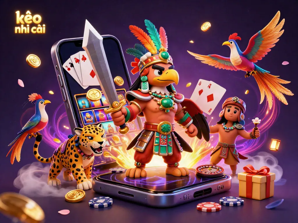Engage with kèo nhà cái through a thrilling illustration of an Aztec eagle warrior, slot game elements, and vibrant details.