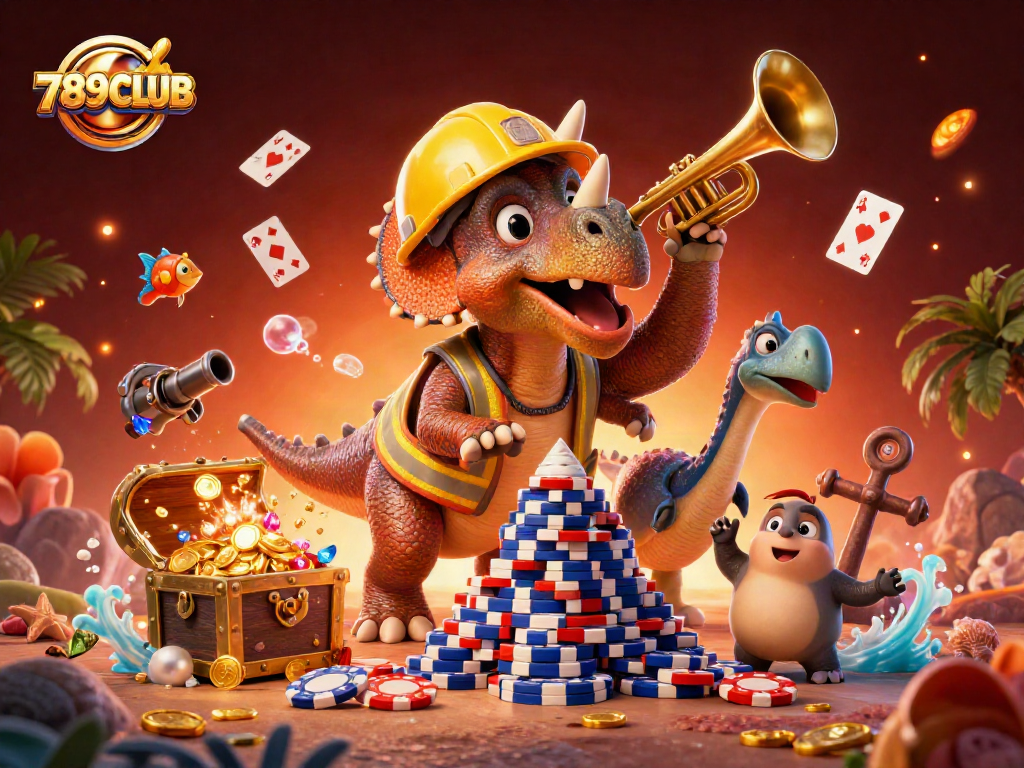 Join the excitement of 789CLUB as triceratops stacks poker chips in a vibrant casino scene.