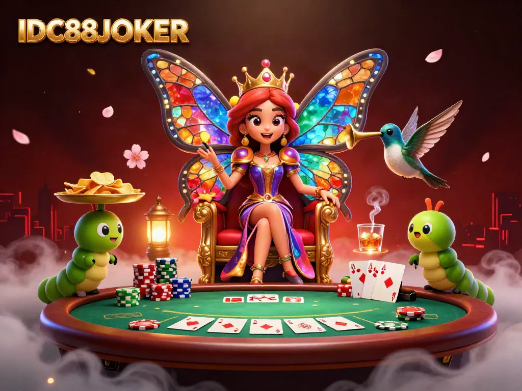 Experience the dazzling IDC88JOKER scene with a vibrant butterfly queen amidst poker chips and cards.