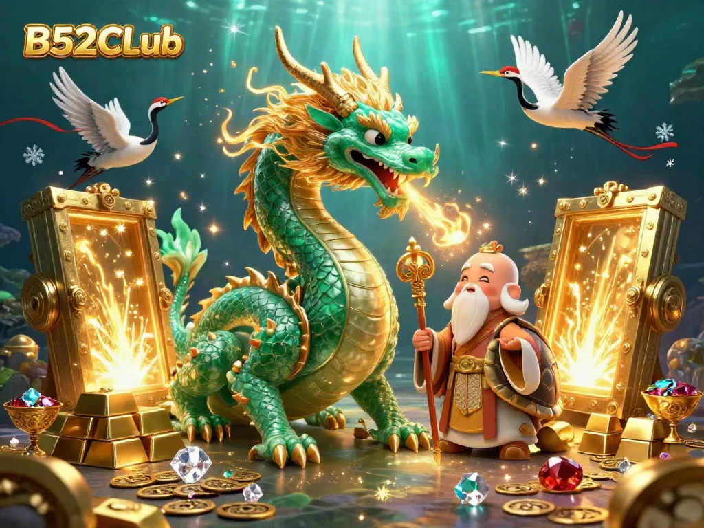 B52CLub features an emerald jade dragon and wise turtle sage thriving in a dynamic casino scene.
