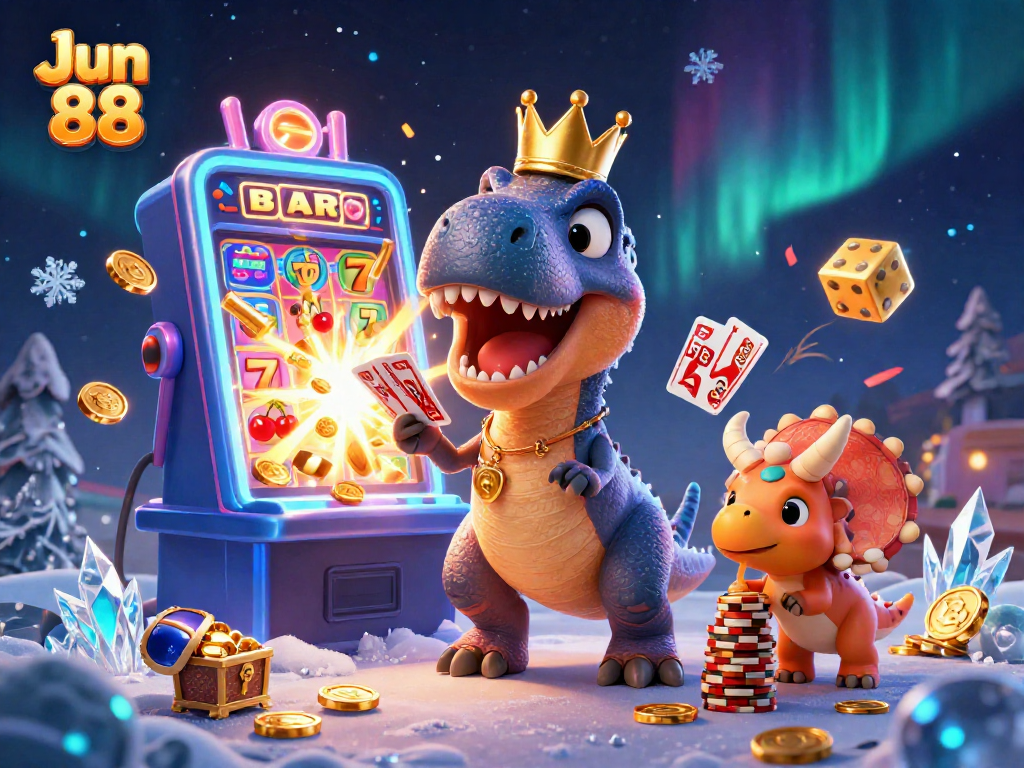 Join the fun at Jun 88, featuring characters enjoying vibrant casino games and slot machines bursting with excitement.