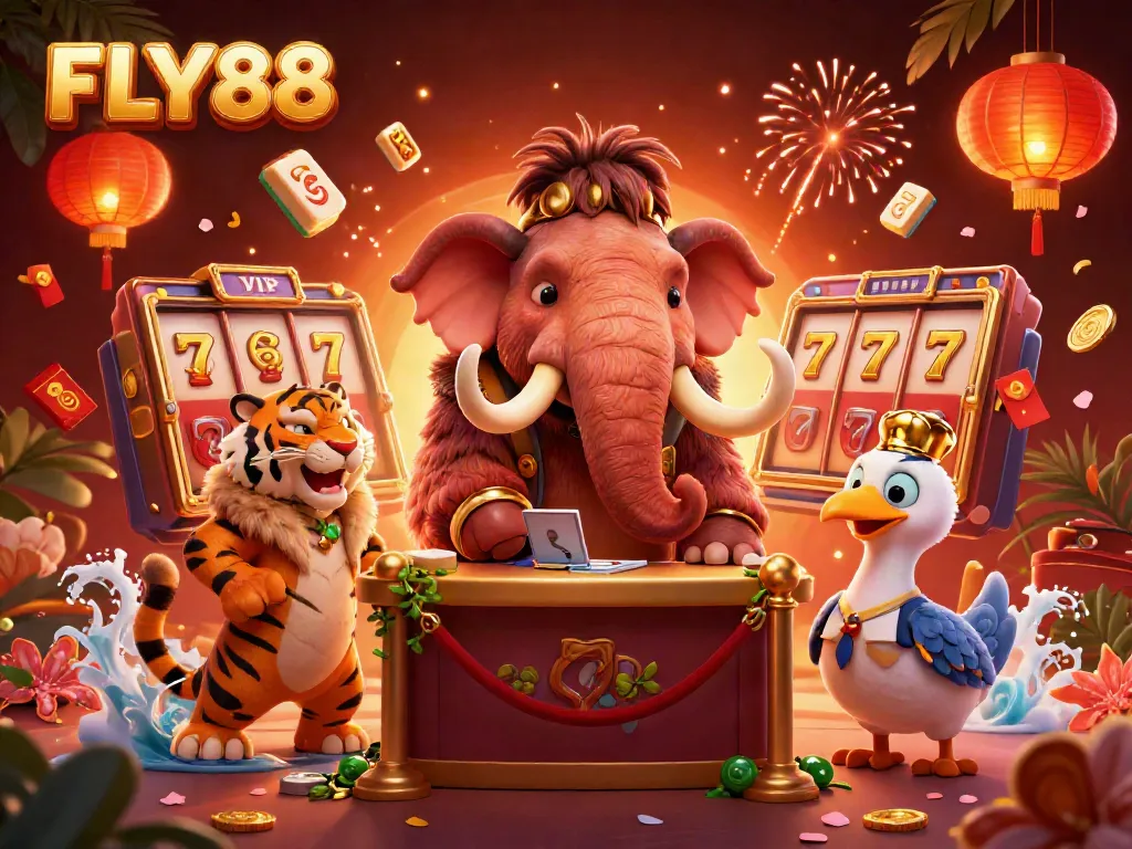 FLY88 features a vibrant illustration of a woolly mammoth bouncer, VIP saber-tooth tiger, and a dodo doorman at a bustling casino entrance.