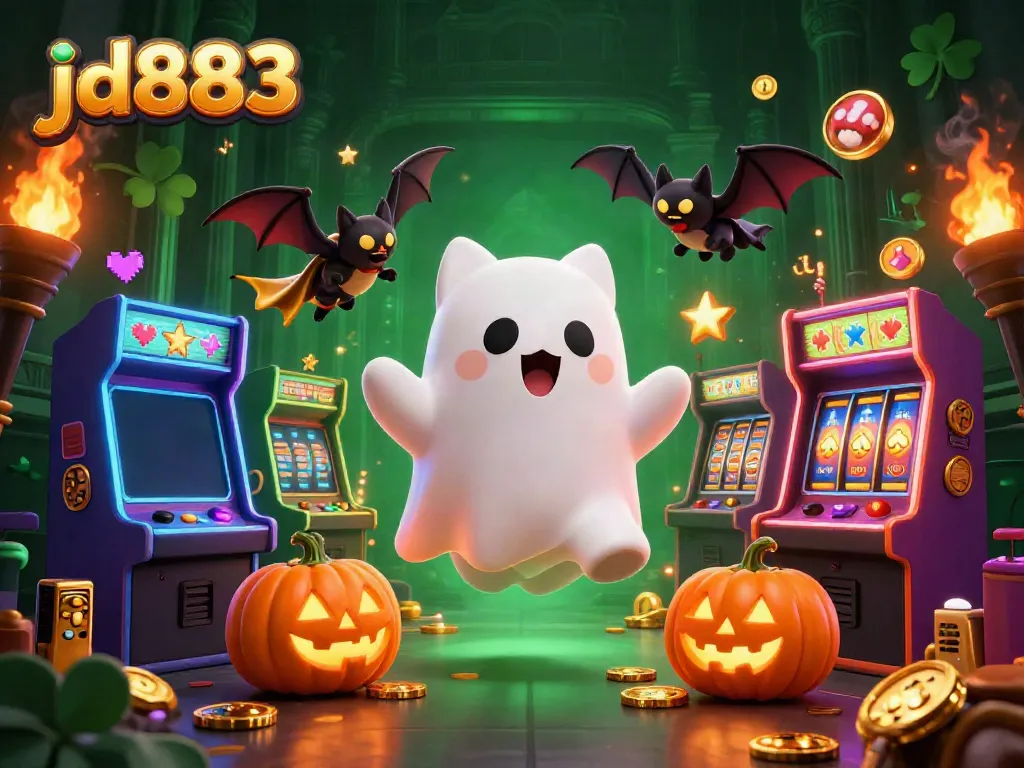 Experience the thrill of jd883 with a ghost cat and casino elements in 3D fantasy fun.