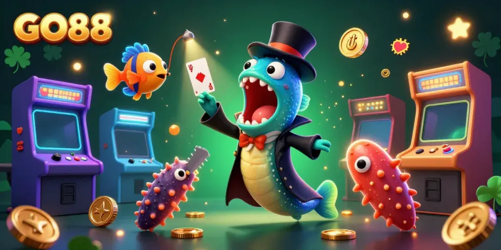 GO88 - Bioluminescent eel performing card tricks with casino-themed elements in a vibrant underwater scene.