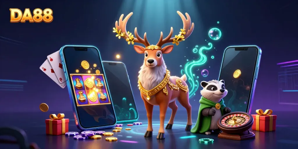 Engage with DA88's vibrant casino scene featuring enchanting characters and colorful gaming elements.