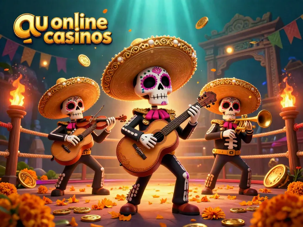 Engage with top au online casinos featuring a vibrant mariachi scene with casino elements and golden tokens.