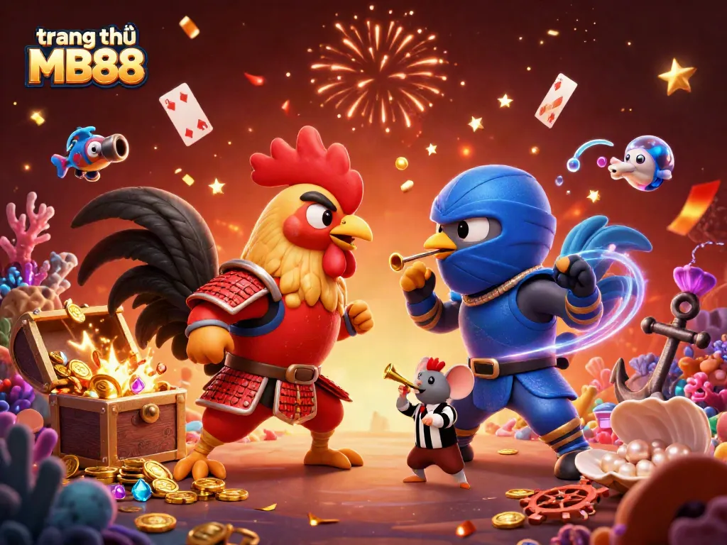 Engaging scene with twin cartoon roosters in armor showcasing the excitement of trang chủ MB88 casino.