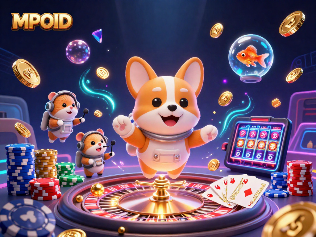 Experience the excitement of MPOID with a vibrant 3D illustration of a space-themed casino adventure featuring playful characters.
