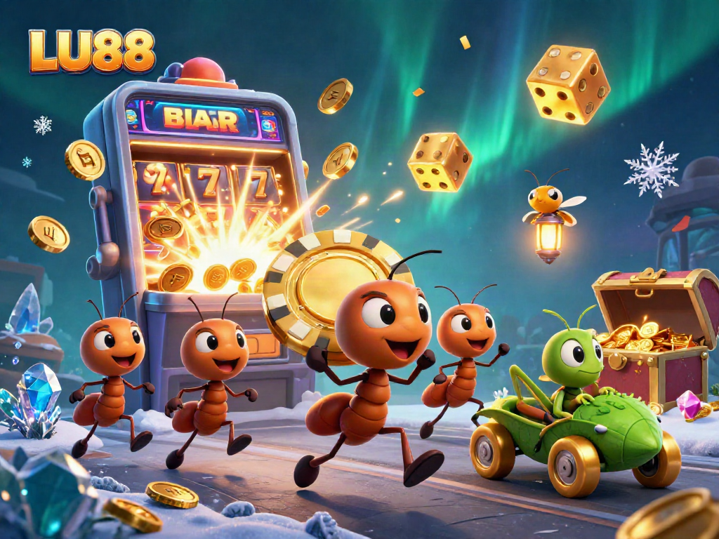 Experience LU88 action as animated ants heist a golden poker chip surrounded by dynamic casino elements.