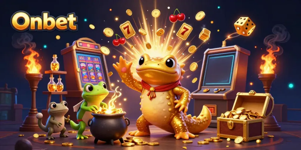 Experience Onbet's vibrant gaming action with golden alchemists and a jackpot explosion in this immersive casino illustration.