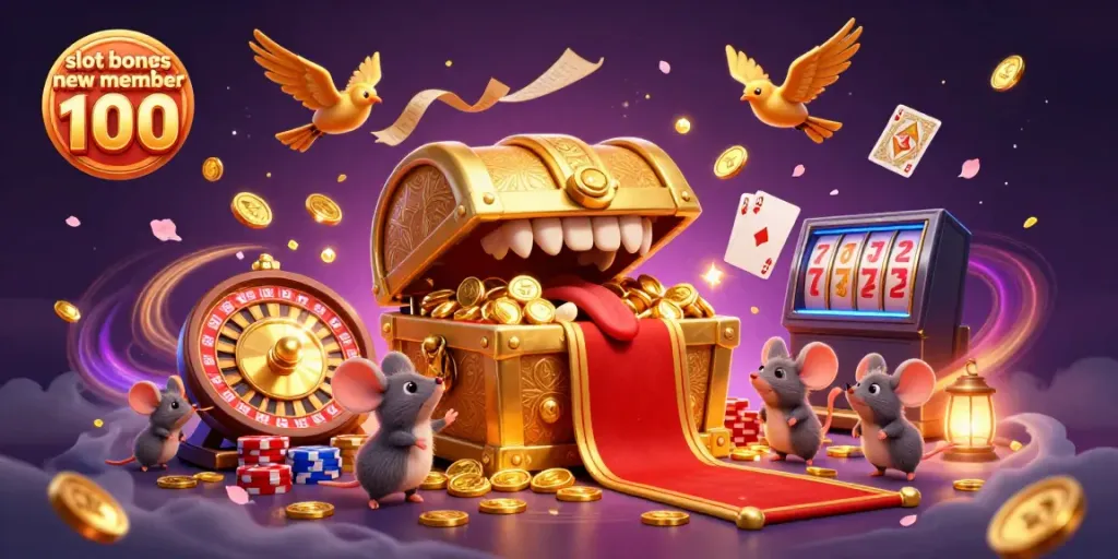 Engage with exciting slot bonus new member 100 promotional experience, featuring whimsical treasure chest and casino elements.