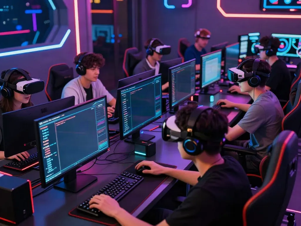 Competitive gaming environment showcasing players engaged in luxury111 online games with futuristic technology.