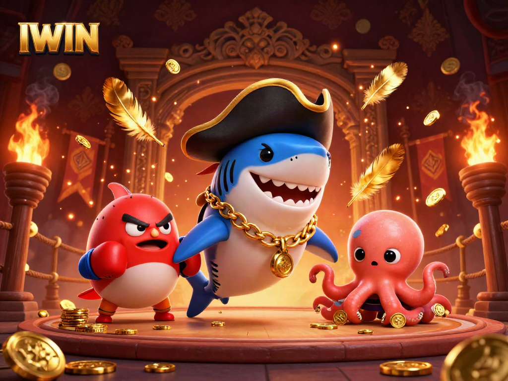 IWIN pirate-themed casino illustration with a shark, pufferfish, and octopus surrounded by coins and game elements.