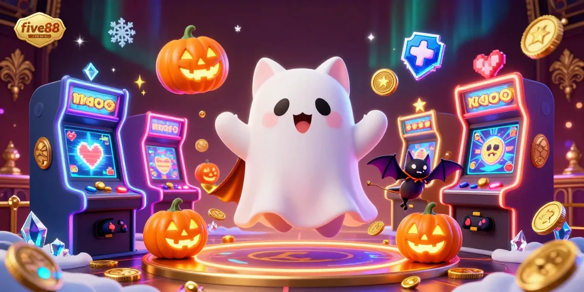 Unleash thrilling gameplay at five88 with a dynamic 3D ghost cat and vampire bat in a casino.