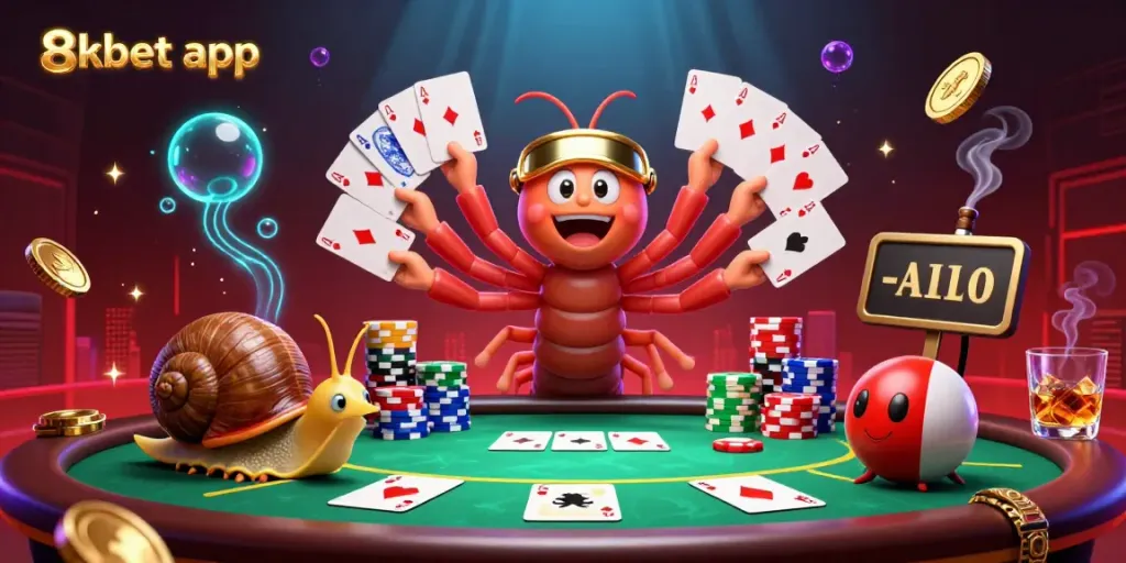 Experience the excitement of the 8xbet app with a lively 3D casino scene featuring a cartoon millipede dealer and friends.