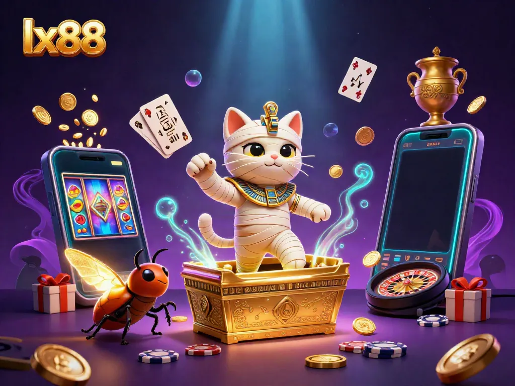 Experience the vibrant adventures at lx88 with a mummy cat and its scarab companion in a pyramid casino setting.