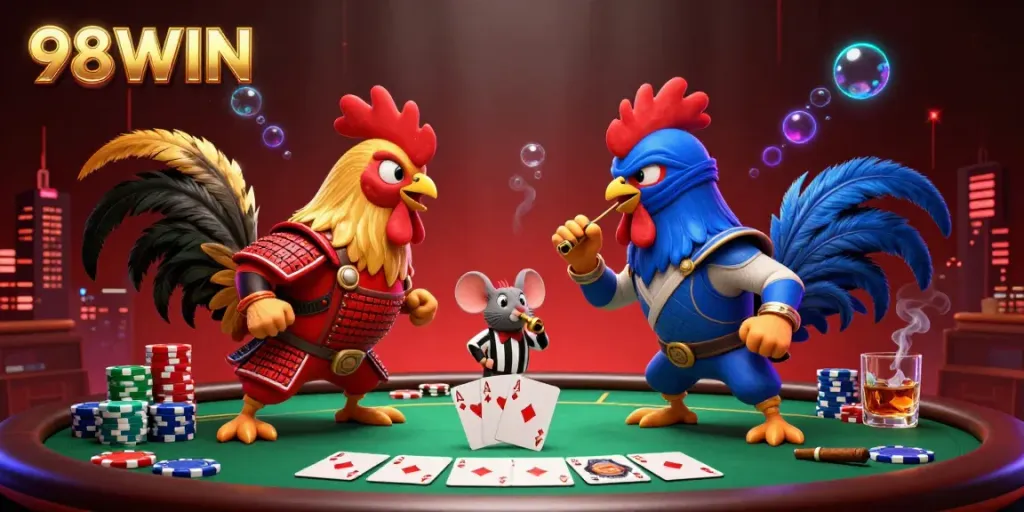 Experience the excitement of 98WIN with a dramatic showdown between cartoon roosters in a vibrant casino scene.